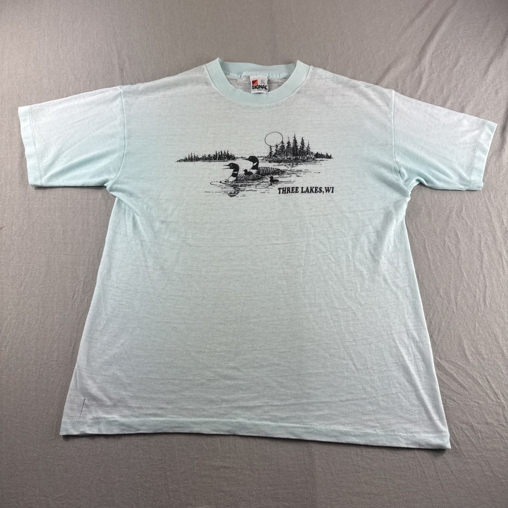 Vintage 80s Signal T-Shirt Adult L Blue Made In USA Single Stitch Loon Fowl READ